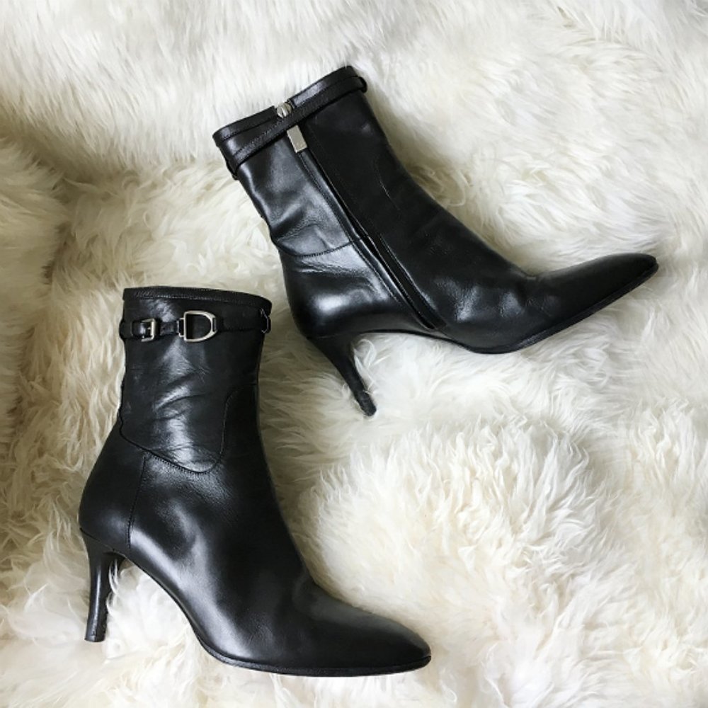 Ralph Lauren Black Leather High Heel Ankle Boots
